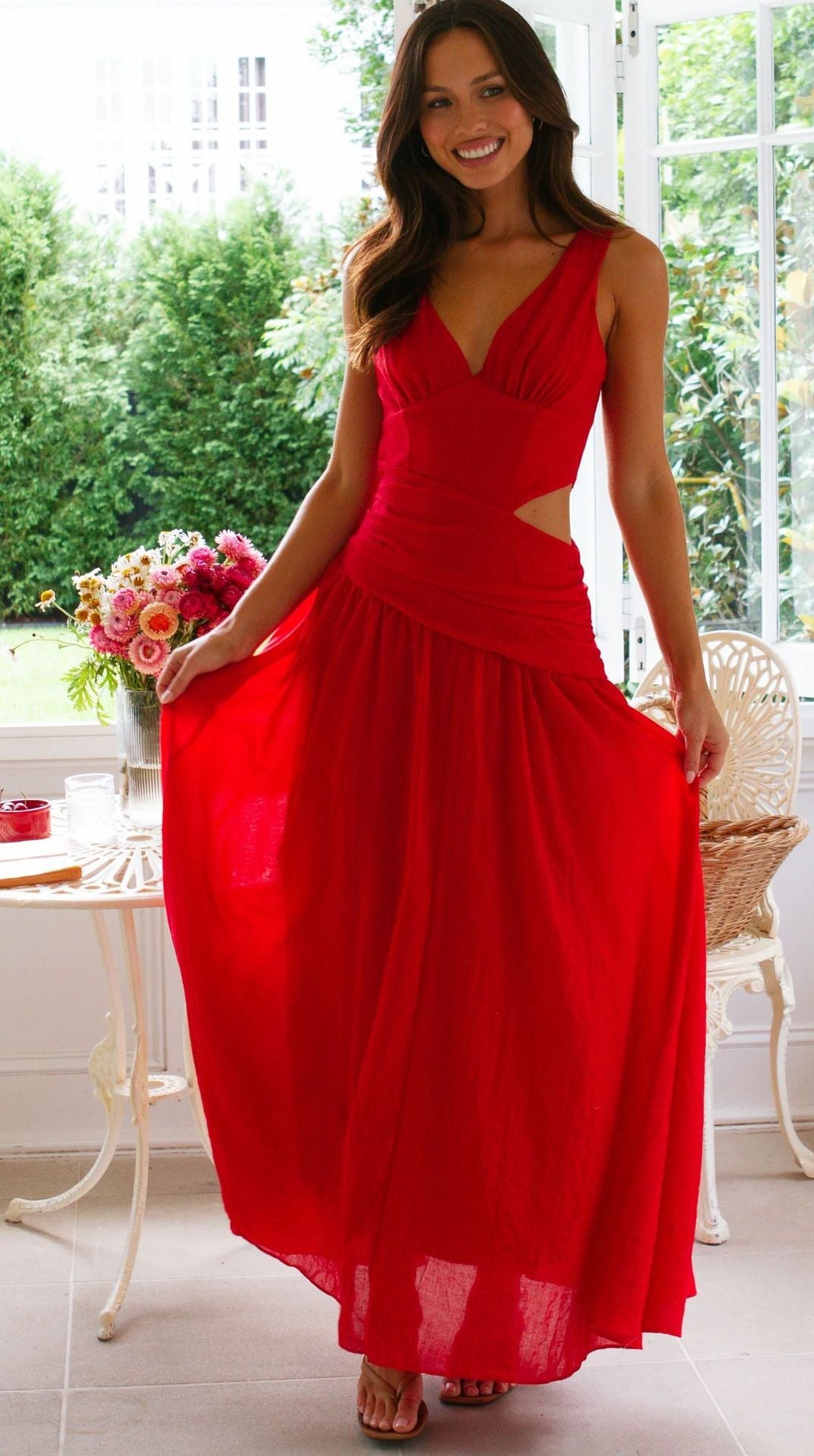 V neck Sleeveless Solid Color Maxi Dress