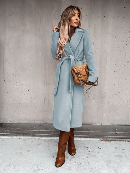 Solid Color Woolen Long Sleeve Trench Coat