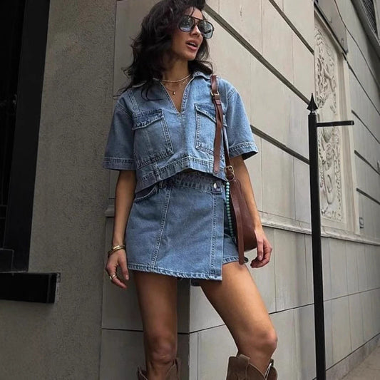 Denim V neck Short Sleeved Set