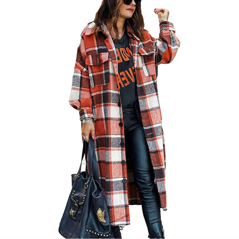 Plaid Woolen Slim Long Coat
