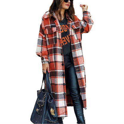 Plaid Woolen Slim Long Coat