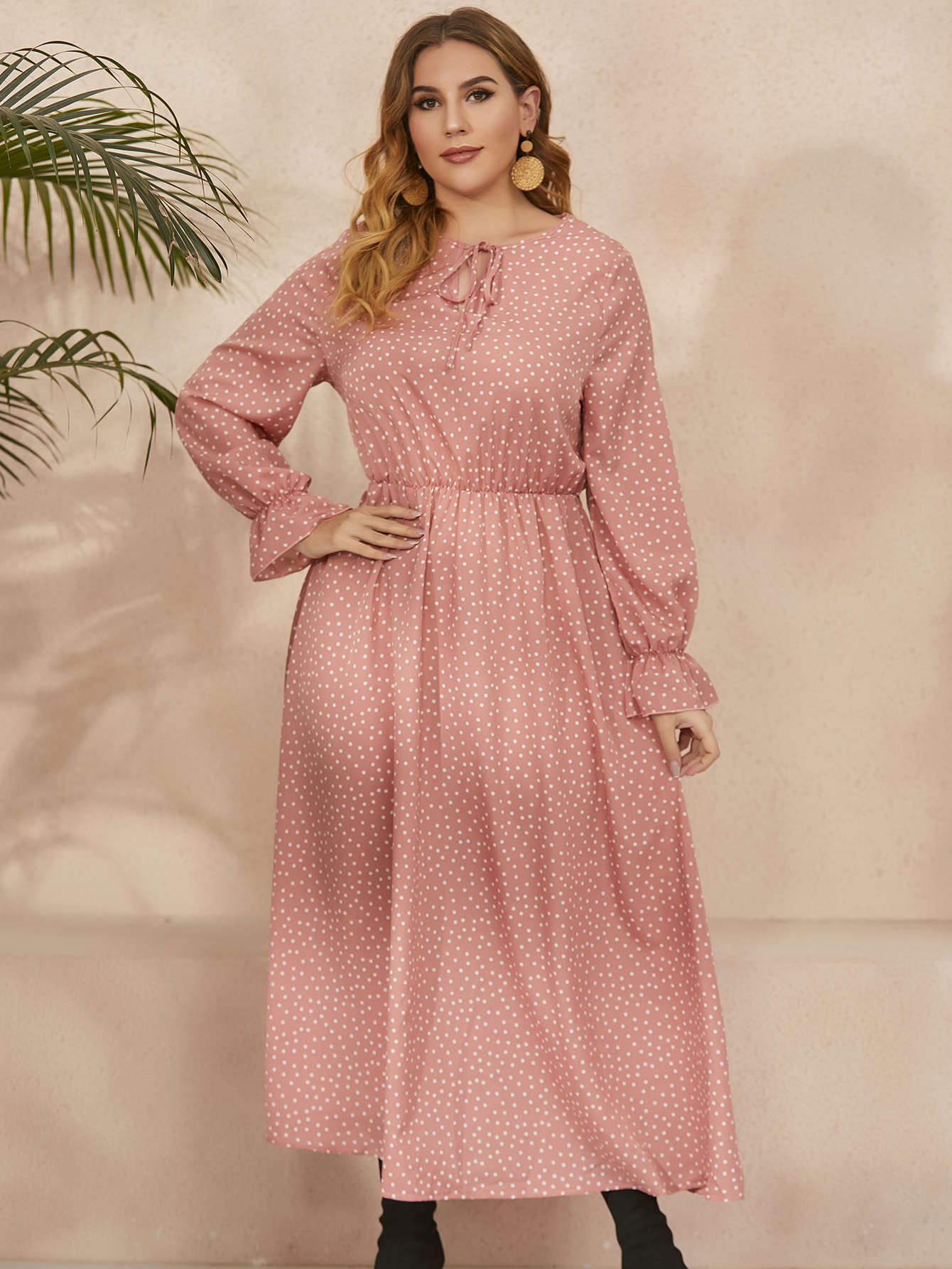Plus Size Polka Dot Long Sleeves Dress