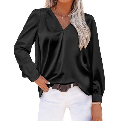 Satin Pleated Long Sleeved Top V neck Casual