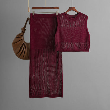 Slim Hollow Out Cutout Sleeveless Vest Summer Knitted Slit Skirt Two Piece Set
