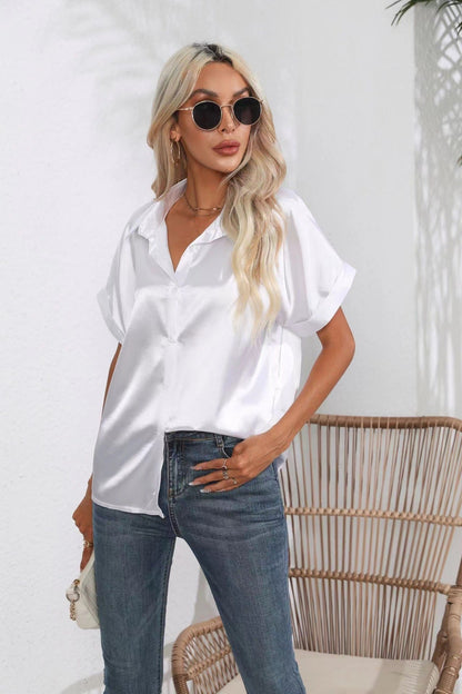 Short Sleeve Satin Button Shirt Casual Loose Top Women