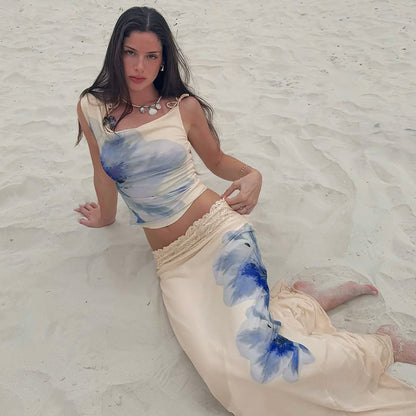 Women Clothing Summer Printed Diagonal Collar Lace up Top Slim Wave Edge Skirt Set