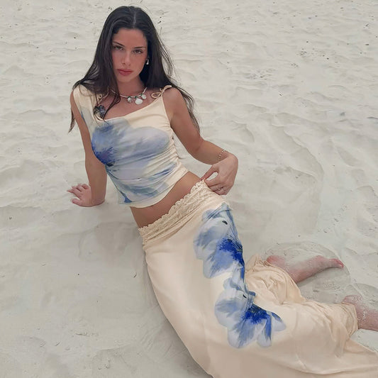 Women Clothing Summer Printed Diagonal Collar Lace up Top Slim Wave Edge Skirt Set