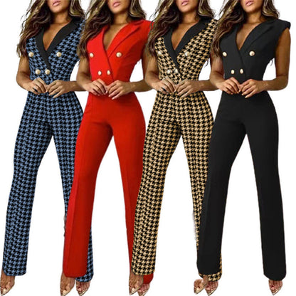 V-neck Sleeveless Houndstooth Jumpsuit