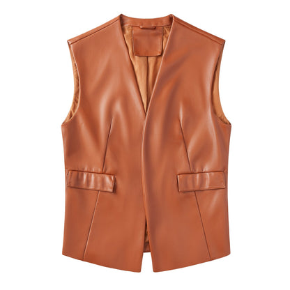 Sleeveless Faux Leather Cardigan Vest