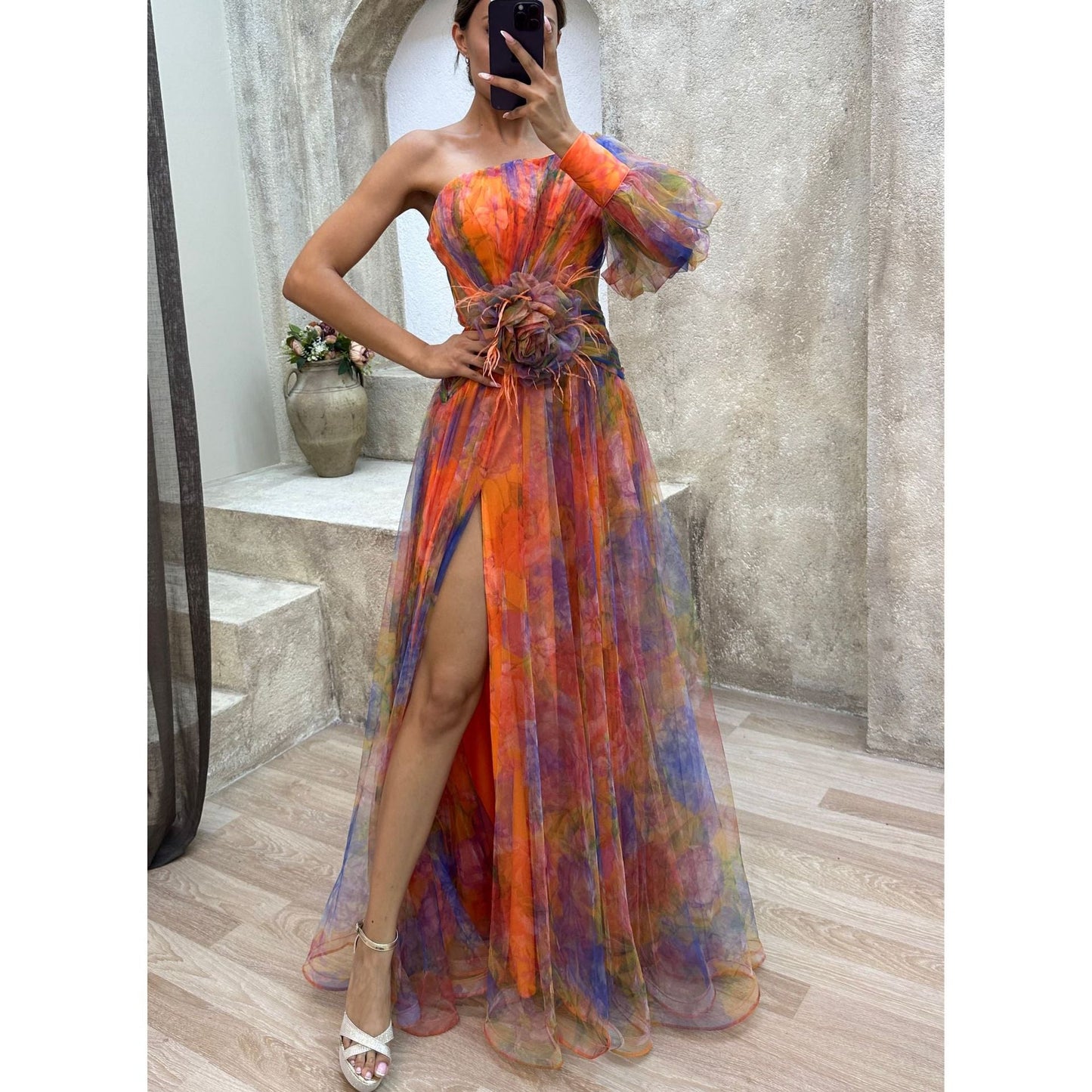 One Shoulder Chiffon Printed Gown