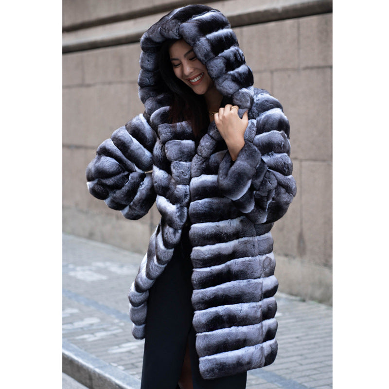 Artificial Mink Hooded Fur Coat