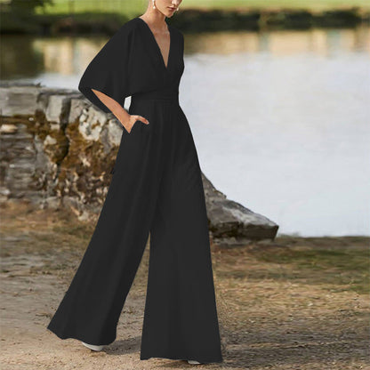 Deep V Plunge High Waist Wide Leg Trousers