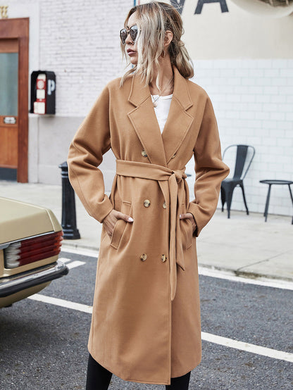 Woolen Lace-up Double Breasted Coat Outerwear