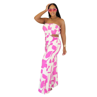 Elegant Tube Top Smocking Printed Wide Leg Jumpsuit