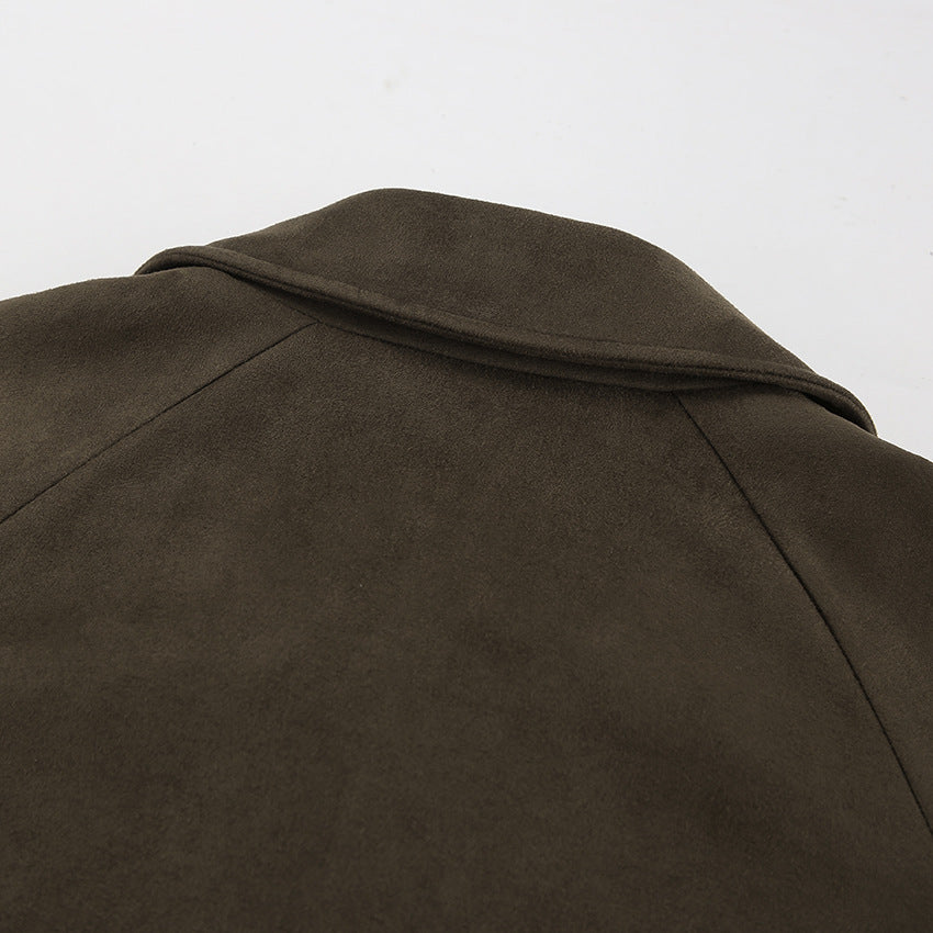 Brown Suede Long Sleeve Long Coat