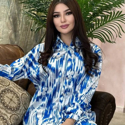 Women Loose Satin Printed Long Sleeve Wide Leg Pants Two Piece Set