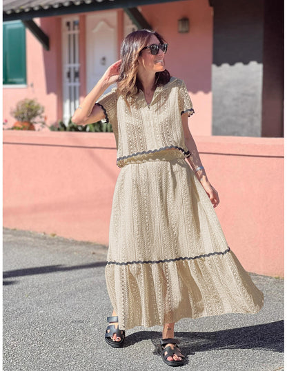 Summer Women Comfort Casual Shirt Collar Lace Skirt Set