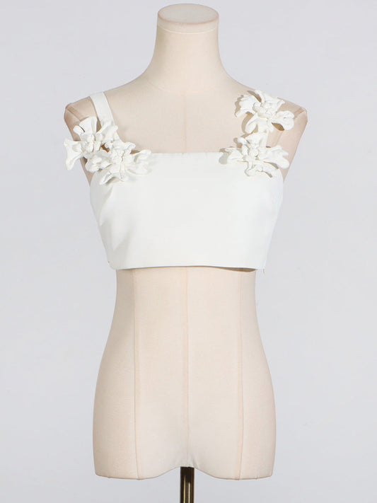 Sexy Sexy Two Piece Set Patchwork Three Dimensional Floral Shoulder Strap Vest High Waist Skirt Set Women