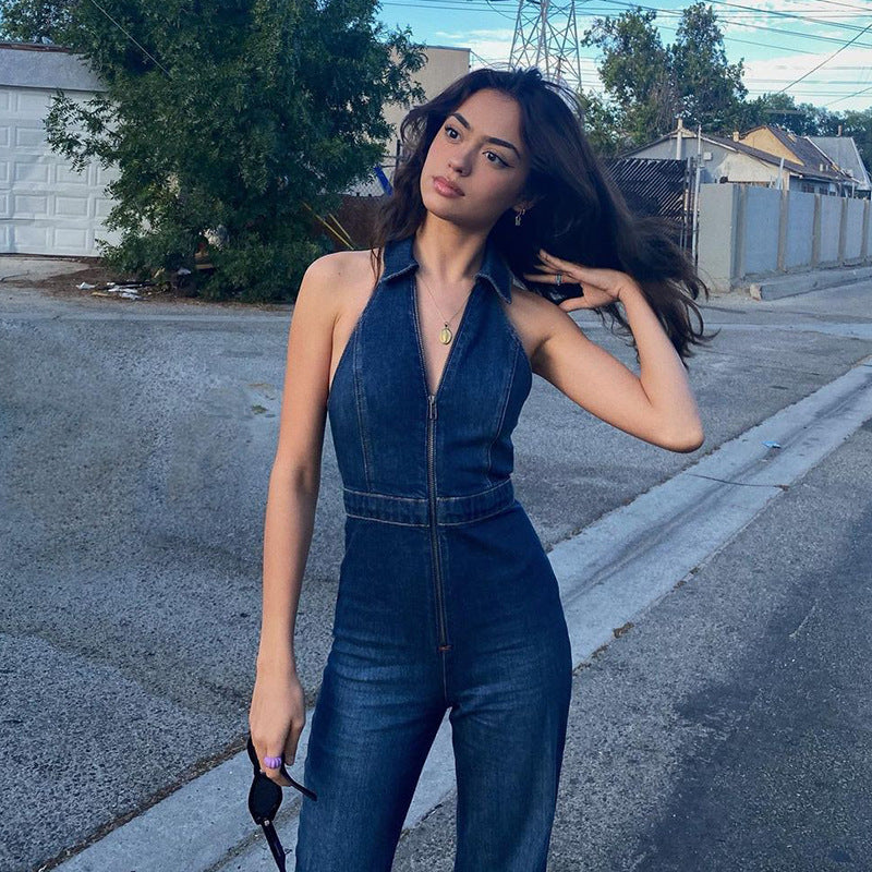 Sleeveless V-neck High Waist Vintage Denim Jumpsuit