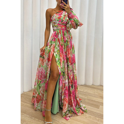 Printed One Shoulder High Split Maxi Dress