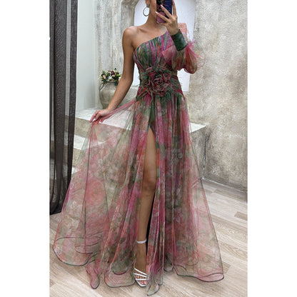 One Shoulder Chiffon Printed Gown
