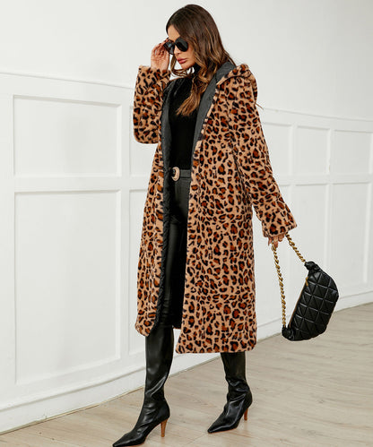 Leopard Print Faux Fur Hooded Coat