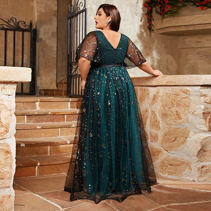 Plus Size Evening Dress Shiny Crystal Puff Sleeve V Neck Evening Dress