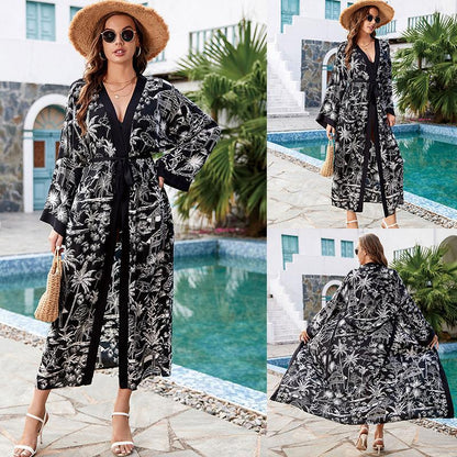 Black Edged Rayon Printed Beach Cover Up Sexy Cardigan Loose Bikini Cover