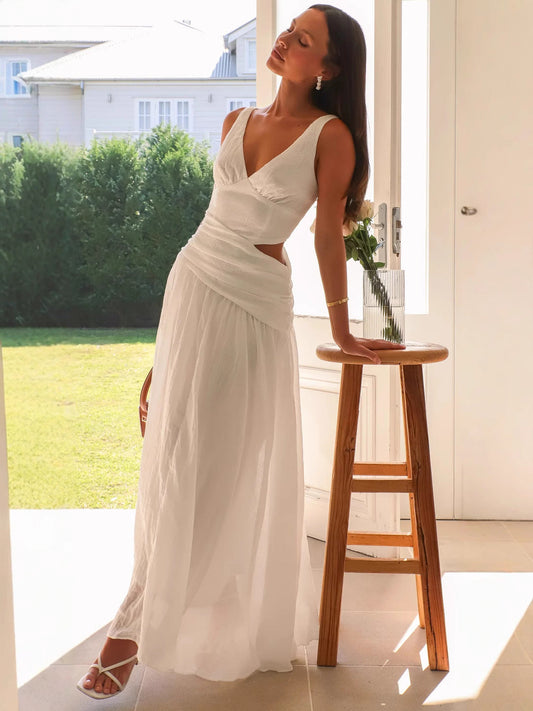 V neck Sleeveless Solid Color Maxi Dress