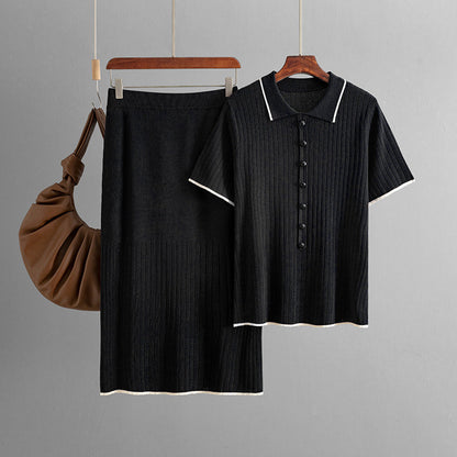 Elegant Knitted Skirt Set with Polo Collar