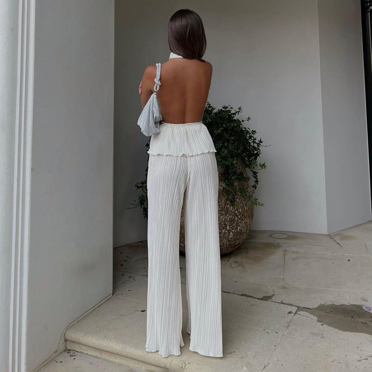 Halter Sexy Backless Sleeveless Vest White Pleated High Waist Set