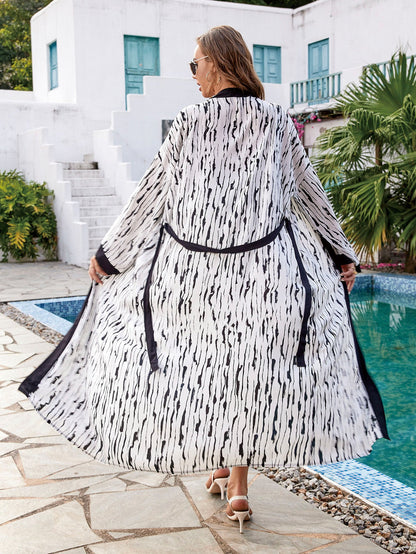 Black Edged Rayon Printed Beach Cover Up Sexy Cardigan Loose Bikini Cover