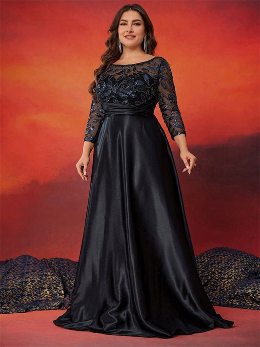 Mesh Sleeves Sequined Evening Gown