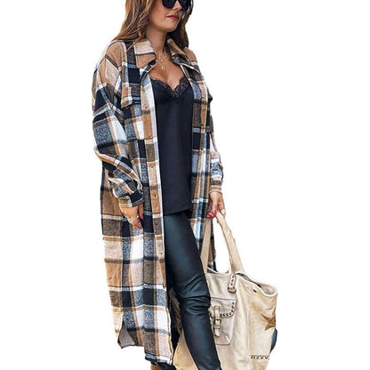 Plaid Woolen Slim Long Coat