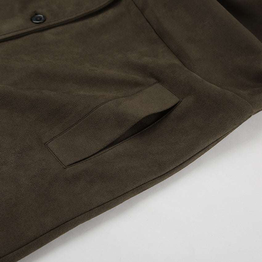 Brown Suede Long Sleeve Long Coat