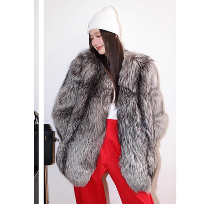Silver Fox Fur Mid-Length Trench Coat