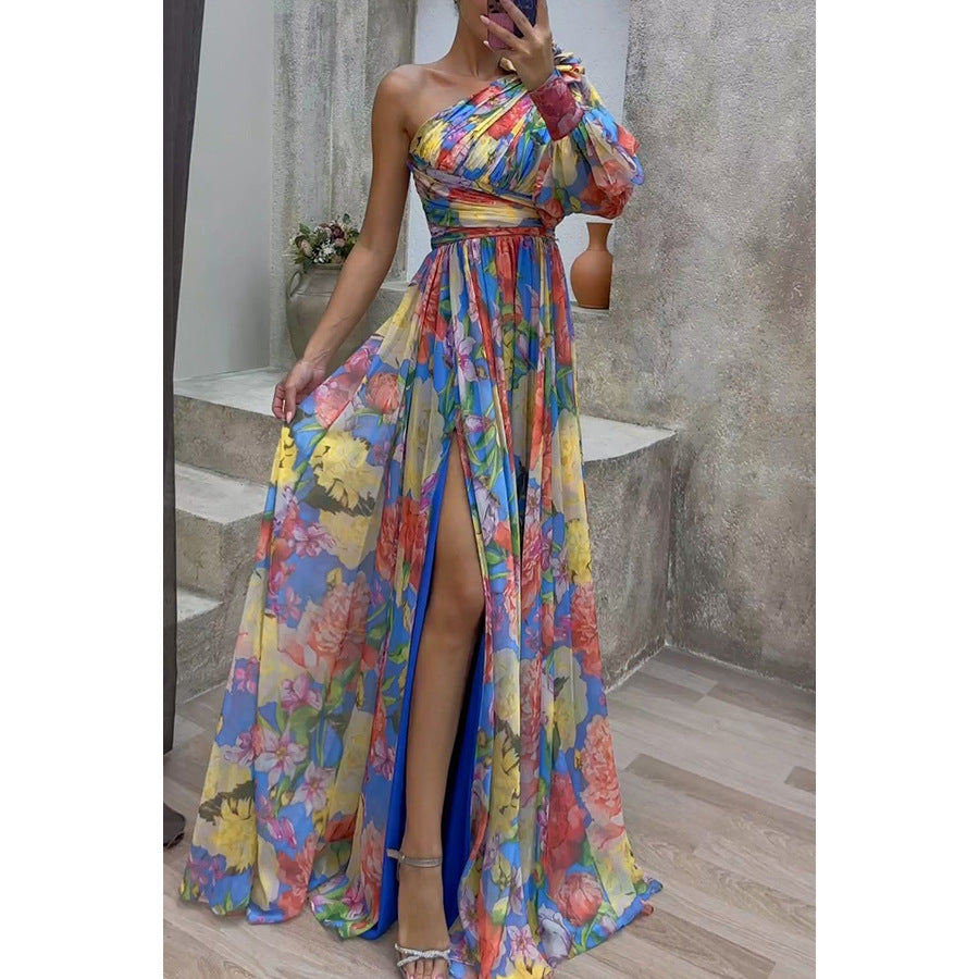 Printed One Shoulder High Split Maxi Dress