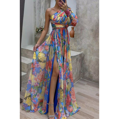 Printed One Shoulder High Split Maxi Dress