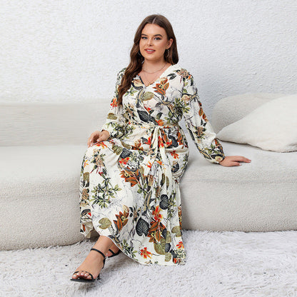 Plus Size Dress Printed V neck Long Sleeve Floral Dress