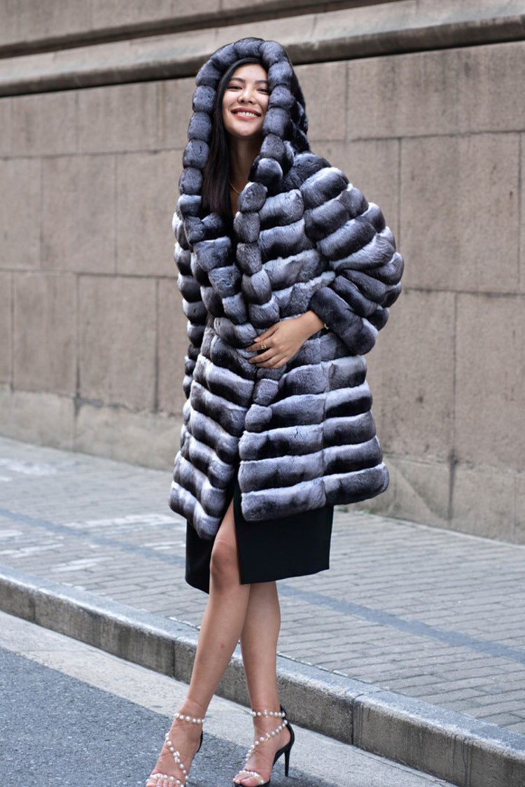 Artificial Mink Hooded Fur Coat