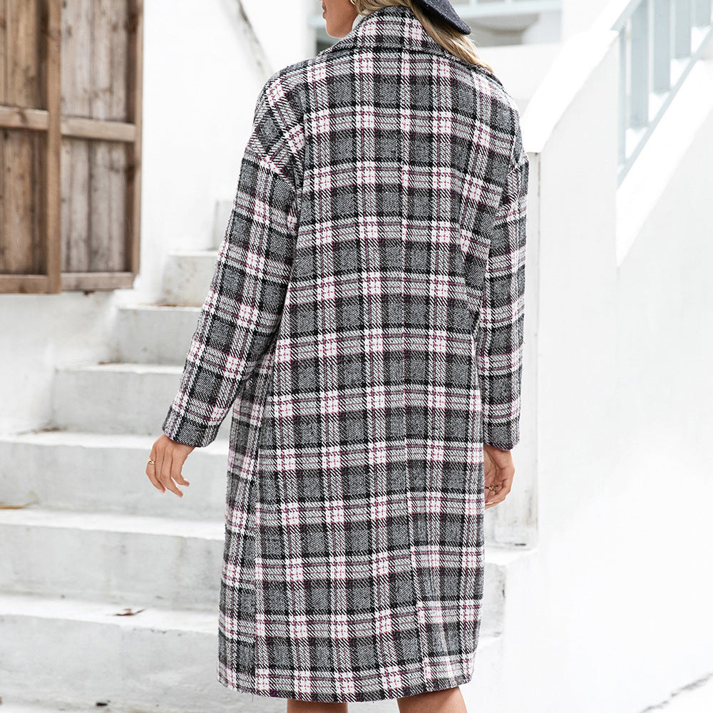 Houndstooth Woolen Plaid Trench Coat