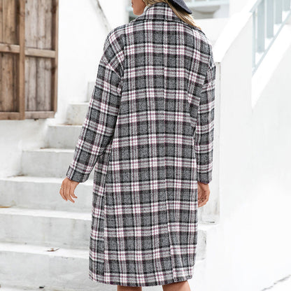 Houndstooth Woolen Plaid Trench Coat