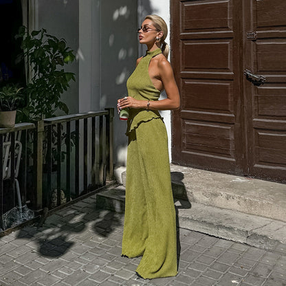 Green Sleeveless Halter Wide Leg Pants Set