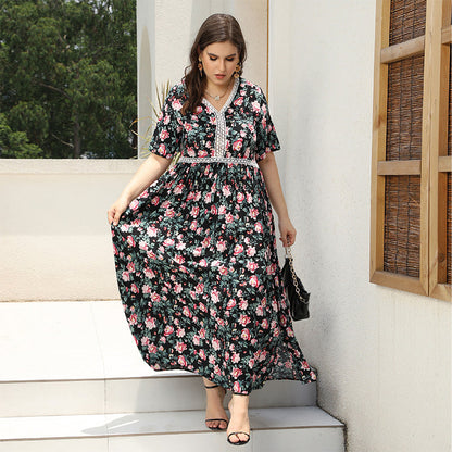 Plus Size V neck Printed Dress Day to Night