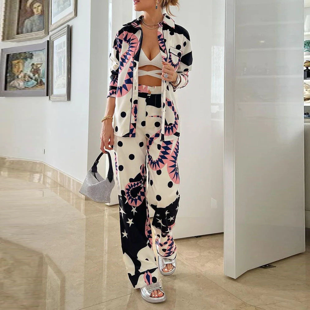 Printed High Waist Wide Leg Pants Suit