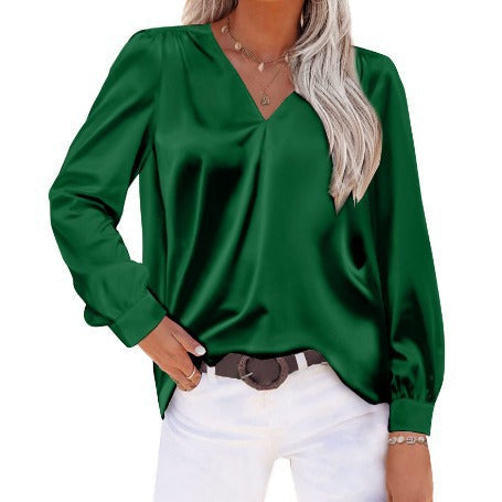 Satin Pleated Long Sleeved Top V neck Casual