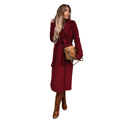 Solid Color Woolen Long Sleeve Trench Coat