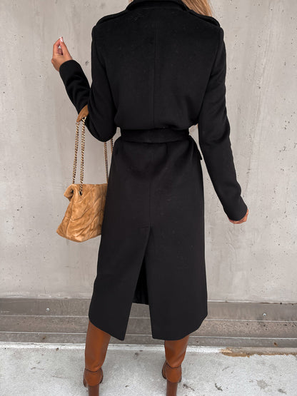 Solid Color Woolen Long Sleeve Trench Coat