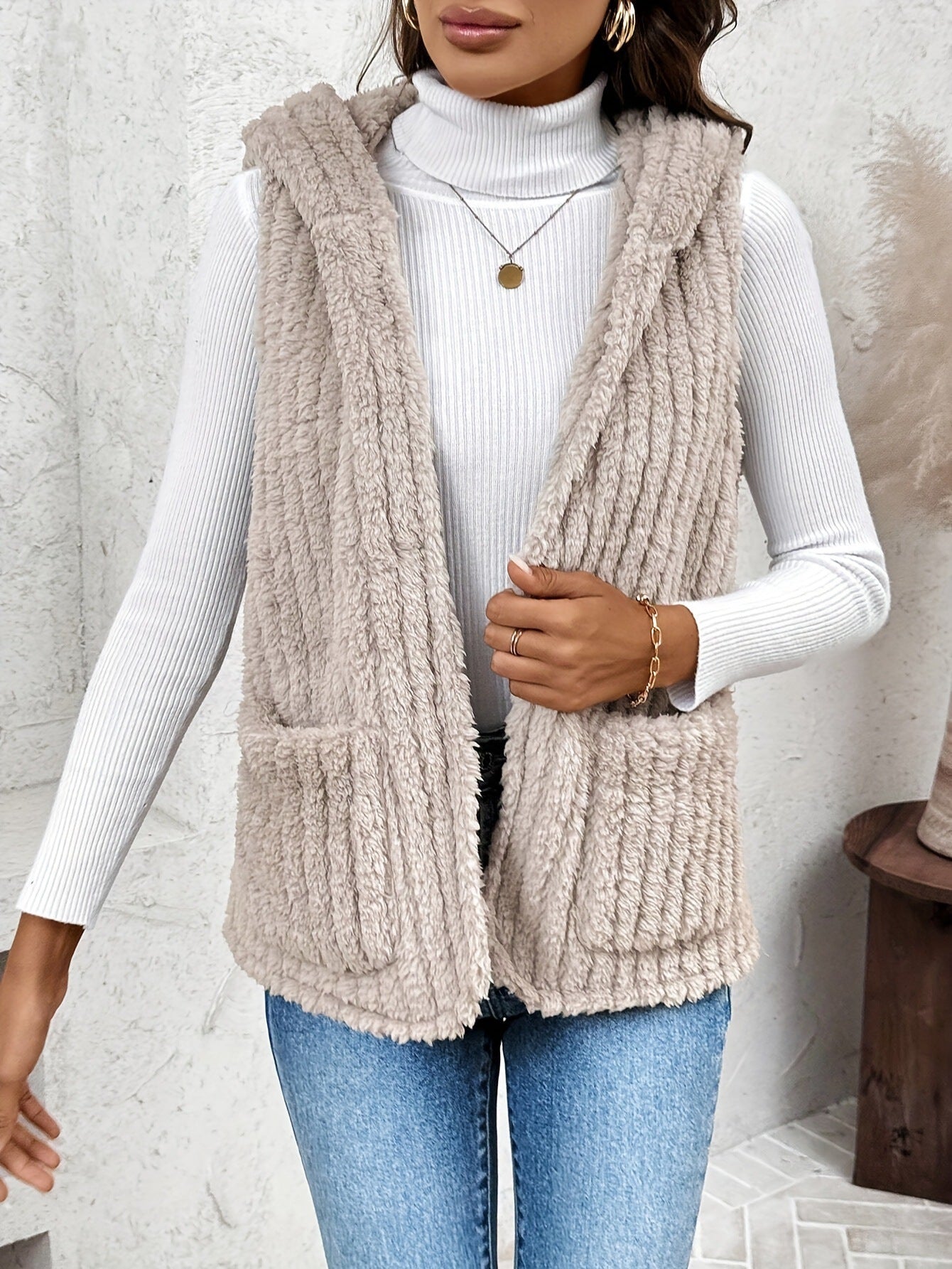 Plush Hooded Cardigan Vest Coat