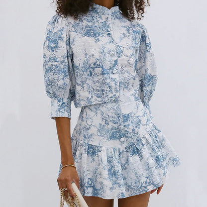 Stand Collar Printed Slim Fit Skirt Set